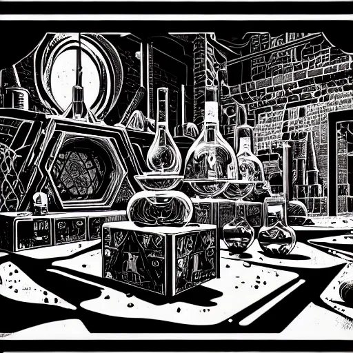 Image similar to ancient alchemist wizards laboratory, high details, lineart, by vincent di fate, inking, 3 color screen print, masterpiece, trending on artstation, sharp, high contrast, hyper - detailed, hd, 4 k, 8 k