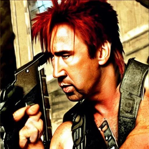 Image similar to buff nic cage playing cloud strife, movie still, digital photography, high quality