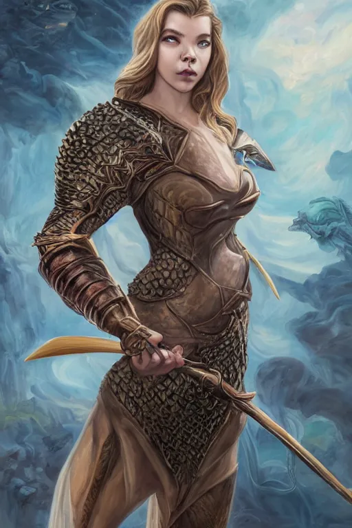 Image similar to A fantasy comic book style, portrait painting of, Anya Taylor-Joy, composite hybrid, Cory Chase, as a youthful, Reptilian, Atlantean Warrior, Mystical Valkyrie, Modest light Armor, Sword, Sheild, Spear, François Boucher, Oil Painting, unreal 5, DAZ, hyper-realistic, Photorealistic, octane render, Regal, Refined, Coherent, Detailed Digital Art, RPG portrait, William-Adolphe Bouguereau, Michael Cheval, Walt Disney (1937), Steampunk, Golden dappled dynamic lighting, Highly Detailed, Theophanic atmosphere, Cinematic Lighting, Unreal Engine, 8k, HD