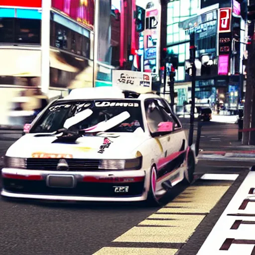 Prompt: A Jdm car drifting in shibuya streets, Hd, PhotoReal, Japanese, Moving