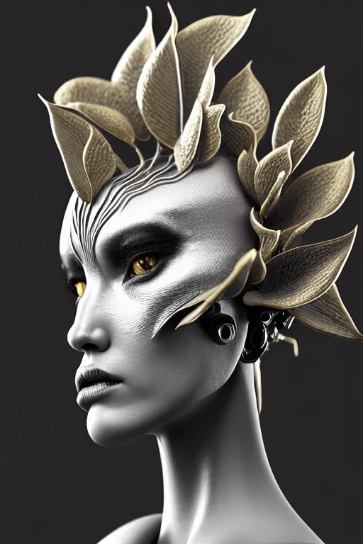 Image similar to bw close - up profile face, black background, beautiful young porcelain vegetal - dragon - cyborg - female, 1 5 0 mm, beautiful natural soft rim light, silver gold details, magnolia leaves and stems, roots, mandelbot fractal, elegant, ultra detailed, white metallic armour, octane render, h. r. giger style