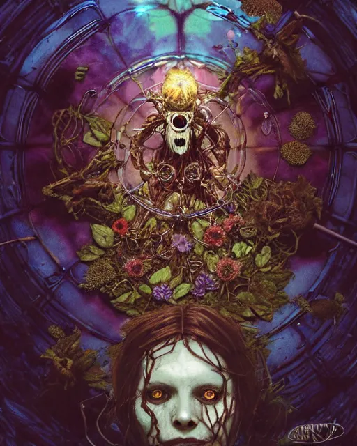 Image similar to the platonic ideal of flowers, rotting, insects and praying of cletus kasady carnage davinci dementor wild hunt chtulu mandelbulb mandala ponyo bioshock the witcher, d & d, fantasy, ego death, decay, dmt, psilocybin, concept art by randy vargas and greg rutkowski and ruan jia and alphonse mucha