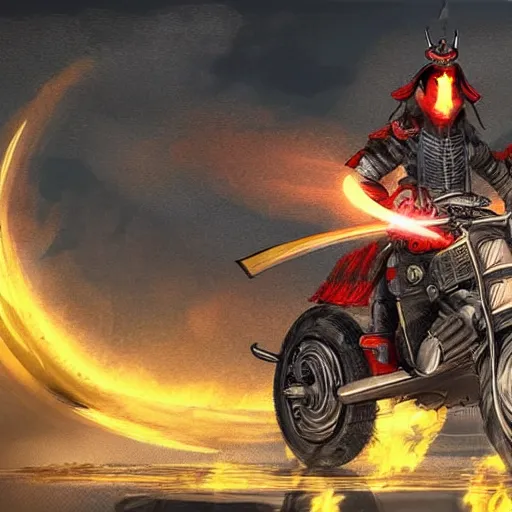 Image similar to cool samurai riding motorcycle through the gates of hell, video game concept art