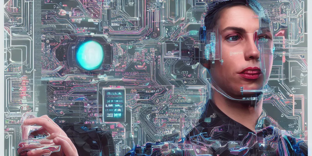 Image similar to portrait of computer & circuits, computer virusm, 8 k, by tristan eaton, trending on deviantart, face enhance, hyper detailed, minimalist, super detailed, cinematic, unreal engine, octane render, chalk texture on canvas