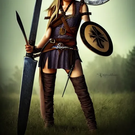 Prompt: « pretty, hot viking girl, with a sword, detailed, full body portrait »
