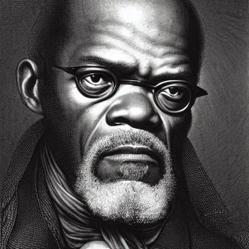 Prompt: a realistic portrait of samuel jackson, illustration by gustave dore