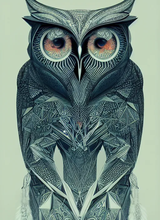 Image similar to portrait of a geometric owl, identical eyes, medium shot, illustration, full body made of white feathers, symmetrical, art stand, super detailed, cinematic lighting, and its detailed and intricate, gorgeous, by peter mohrbacher