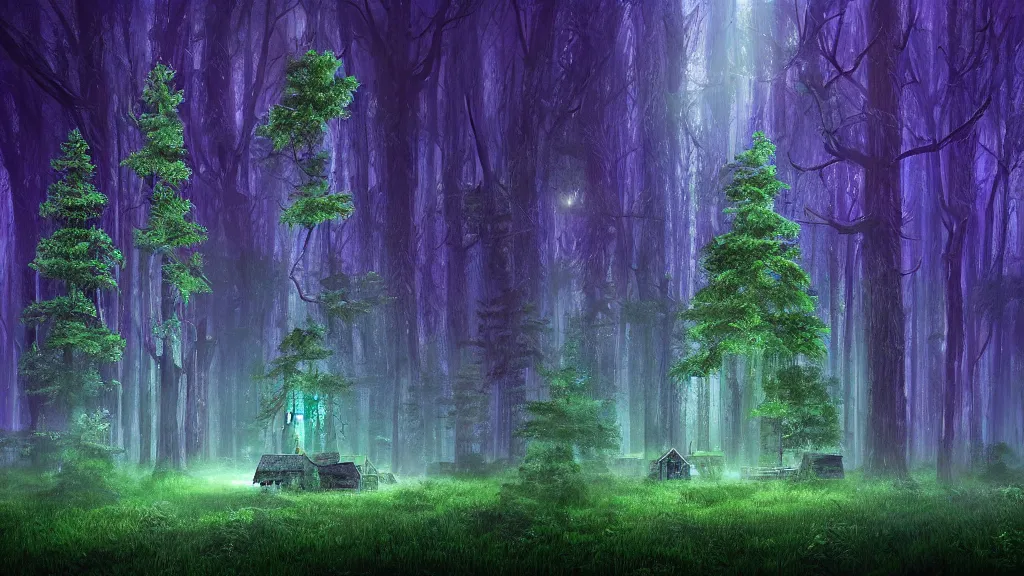 Image similar to portrait of an ethereal evergreen forest made of green and purple light with log cabin made of blue light, divine, cyberspace, mysterious, dark high-contrast concept art