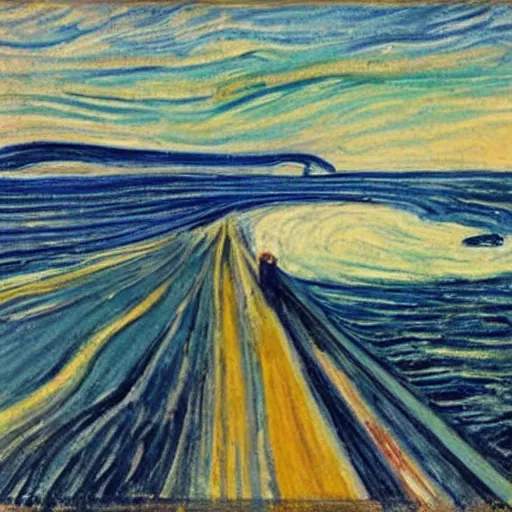 Prompt: the atlantic ocean road in norway in the style of edvard munch.