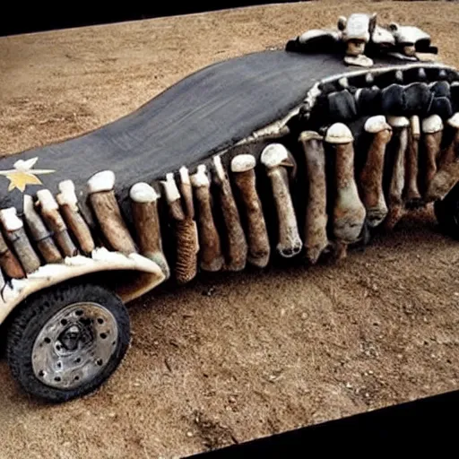 Image similar to mad Max car made out of bones horns and shells