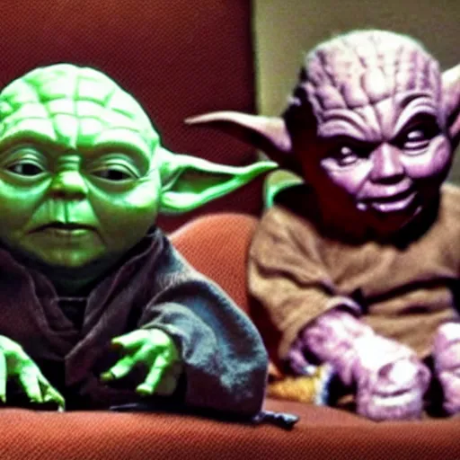 Prompt: Yoda sitting on the couch next to Chucky the killer doll playing video games in a messy room