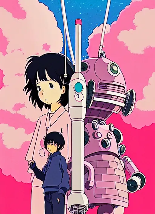 Prompt: a movie poster for a studio Ghibli film based on the song Yoshimi battles the pink robots, part 1. by the band the flaming lips; artwork by Hiyao Miyazaki and studio Ghibli; a Japanese girl is fighting a gigantic evil Pink Robot in an alley in Tokyo; highly detailed artwork by James jean and Phil noto