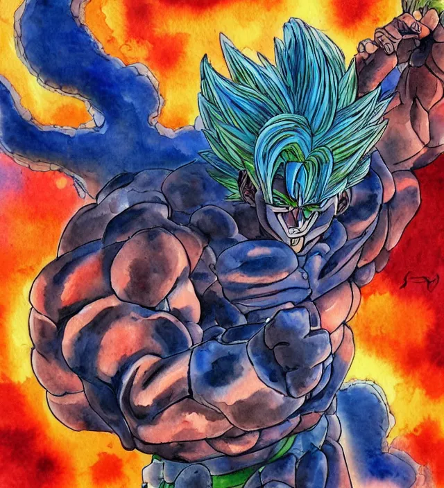 Prompt: a 3 / 4 view watercolor ink painting of broly as a demon in the style of jean giraud in the style of moebius trending on artstation deviantart pinterest detailed realistic hd 8 k high resolution