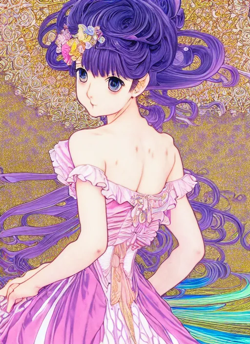 Image similar to manga of beautiful princess, rococo ruffles dress, pastel rainbow, pearlescent, shimmering, reflective, rim light, detailed background, takeshi obata, minaba hideo, shigenori soejima, alphonse mucha, illustration,, artstation, pivix, concept art, highly detailed, colorful, maximalist