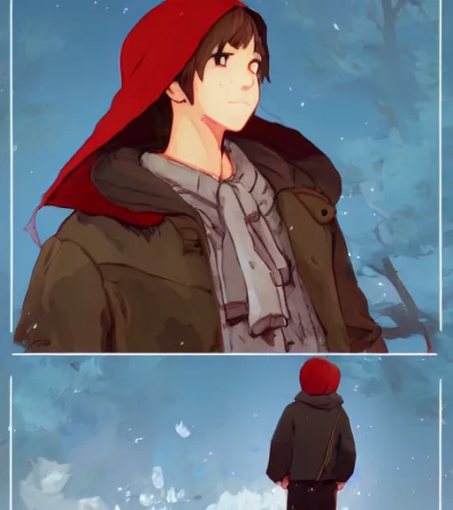 Image similar to attractive little boy character inspired in little red riding hood, digital artwork made by akihiko yoshida and makoto shinkai