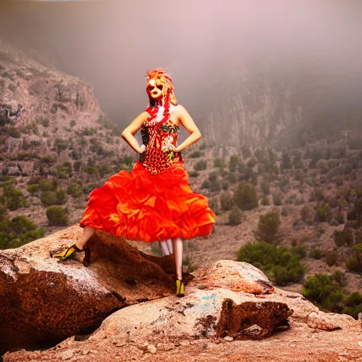 Image similar to photo, an ironic maximalist gaudy photoshoot featuring overly bright contrasting color bold print insane costumes inside a rocky western landscape, atmospheric lighting and haze, backlit, moody