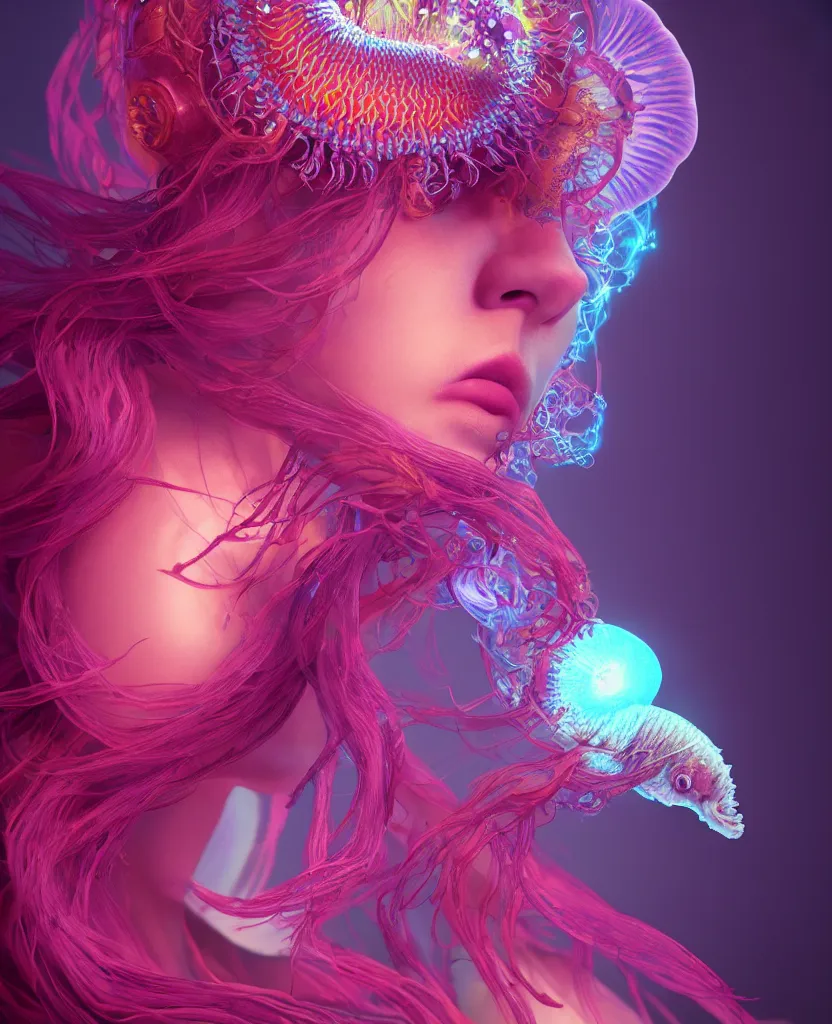 Image similar to goddess close-up portrait. orchid jellyfish phoenix head, nautilus, skull, betta fish, bioluminiscent creatures, intricate artwork by Tooth Wu and wlop and beeple. octane render, trending on artstation, greg rutkowski very coherent symmetrical artwork. cinematic, hyper realism, high detail, octane render, 8k