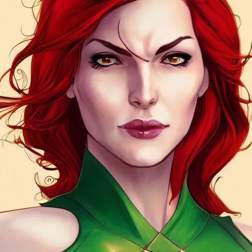 Prompt: Portrait of Jean Grey, a beautiful woman in her 30s, with red hair and green eyes, symmetrical face, detailed features, delicate features, warm and gentle smile, artstation, graphic novel, art by Ardian Syaf and Pepe Larraz,
