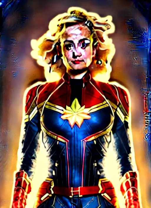 Prompt: glamorous captain marvel, seductive eyes and face, elegant, lascivious pose, very detailed face, studio lighting, photorealism, wearing futuristic armor , portrait by Magali Villeneuve and Steve Argyle,Livia Prima,Mucha,dress,fantasy art,beautiful,artstation,trending on artstation,intricate details,alluring,masterpiece