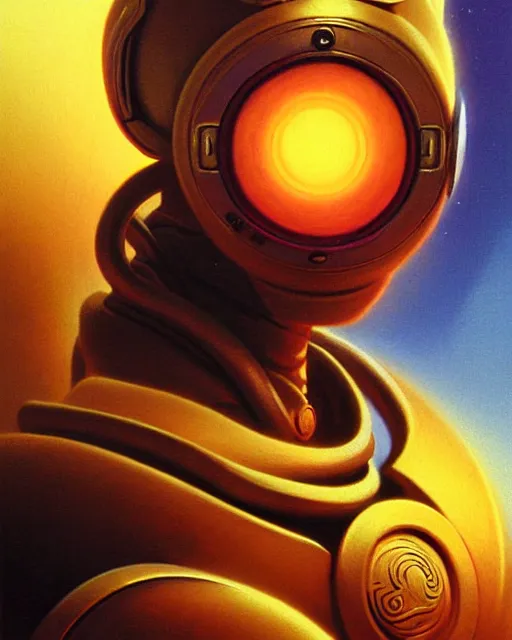 Image similar to zenyatta from overwatch, character portrait, portrait, close up, vintage fantasy art, vintage sci - fi art, radiant light, caustics, by boris vallejo