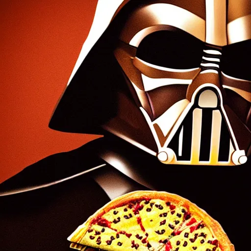 Image similar to gold bordered portrait of darth vader holding a slice of pizza, hyper realistic, surreal, gothic, cyberpunk, nightcore, 4 k, highly detailed, beautifully rendered