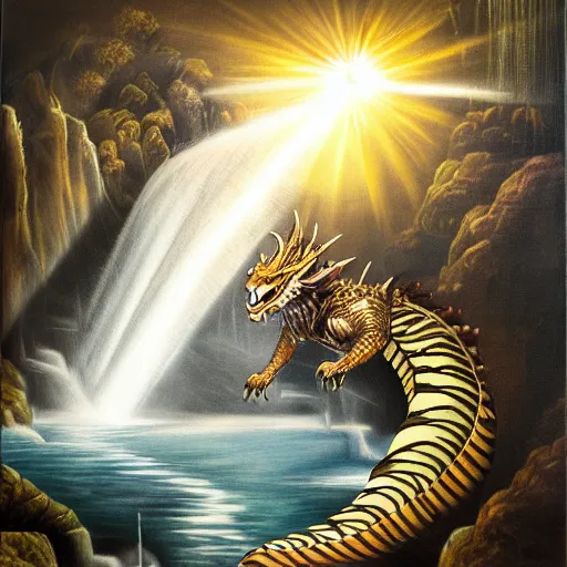 Image similar to oil painting of a dragon flying in the air near a cave with a waterfall in the center, light emanating from the waterfall leading to a big pool of water, dragon has black and white siberian tiger stripes, elegant, sharp focus, wide shot, clear, detailed, early renaissance