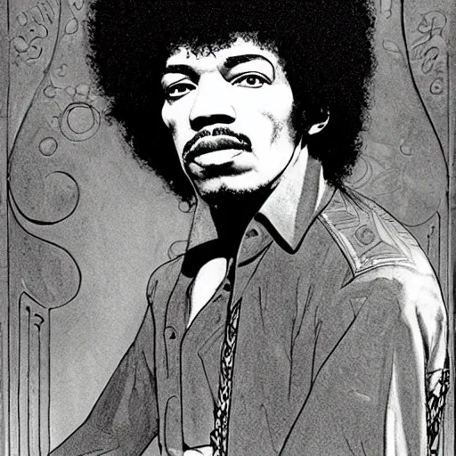 Image similar to artwork by Franklin Booth showing a portrait of Jimi Hendrix