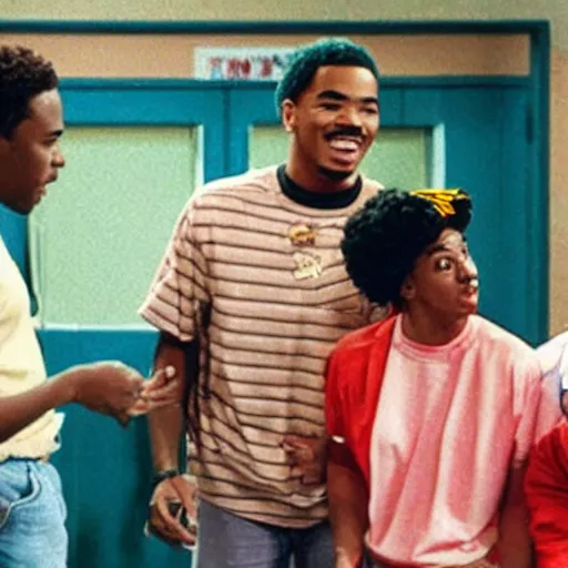Prompt: a tv still of Chance The Rapper starring as a black college student at Jones College Prep in a 1993 sitcom