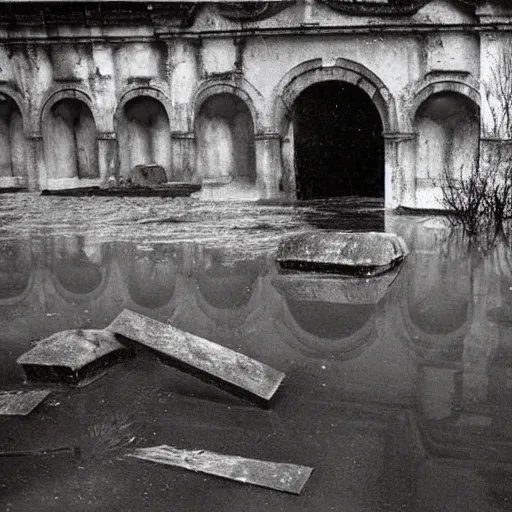 Prompt: The painting shows a grave that has been flooded with water. The grave is located in a cemetery in Italy. The water in the grave is dirty and there is trash floating in it. The grave is surrounded by a fence. by Paul Strand, by Gabriel Dawe curvaceous