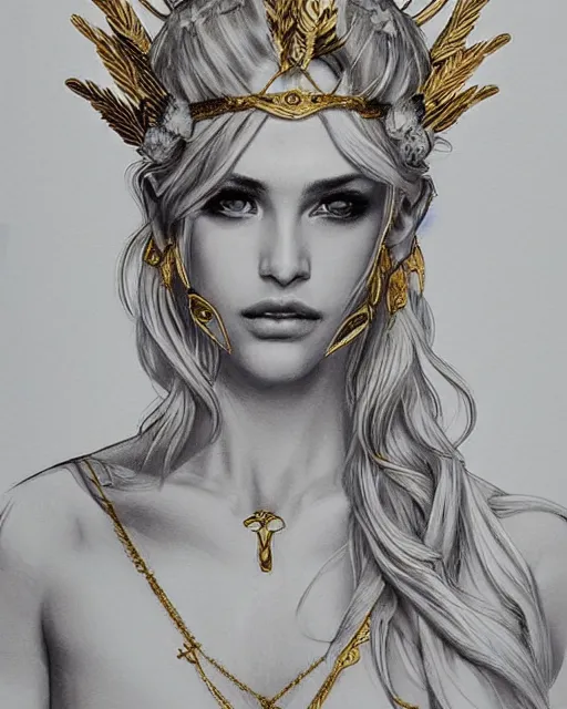 Image similar to tattoo design sketch of cute beautiful blonde super model as aphrodite greek goddess wearing a gold laurel wreath and triangle earrings, beautiful piercing gaze with sharp pupils, in the style of greg rutkowski, fantasy, amazing detail, epic, elegant, smooth, sharp focus, front view