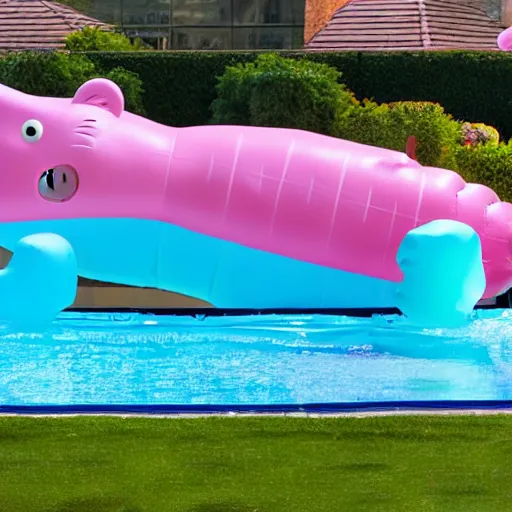 Image similar to a large inflatable float of Peppa Pig in a luxury hotel swimming pool