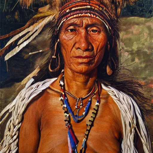 Image similar to high quality high detail painting by lucian freud, hd, full body of a indigenous tribe woman witch, photorealistic lighting
