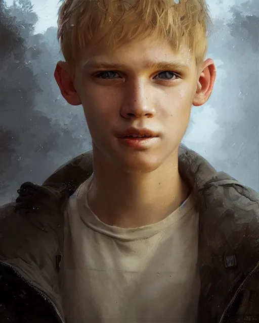 Image similar to portrait of 1 5 - year - old boy with blonde hair, round - face, and slightly buck - toothed, hyper realistic face, beautiful eyes, fantasy art, in the style of greg rutkowski, intricate, hyper detailed, smooth