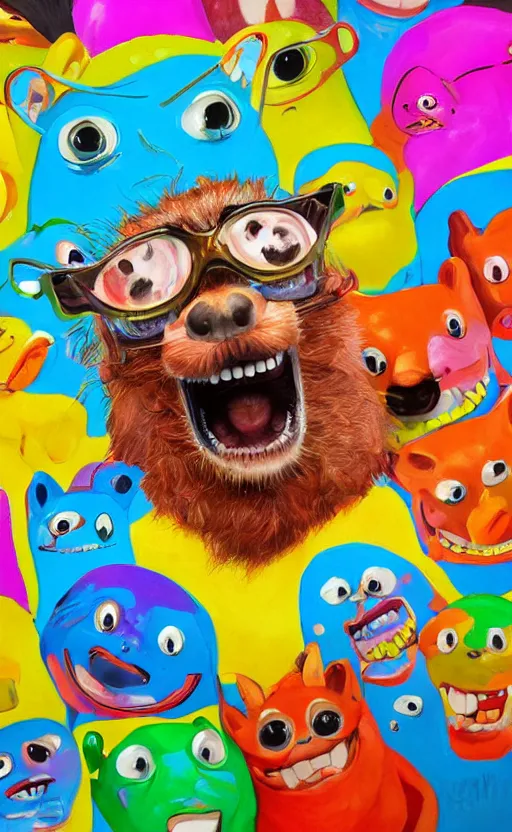 Image similar to a bright and colorful detailed photorealistic painting of a funny looking character. the character is making a silly face and the background is filled with happy looking animals. high quality. hq hd 4 k. award winning. trending on artstation