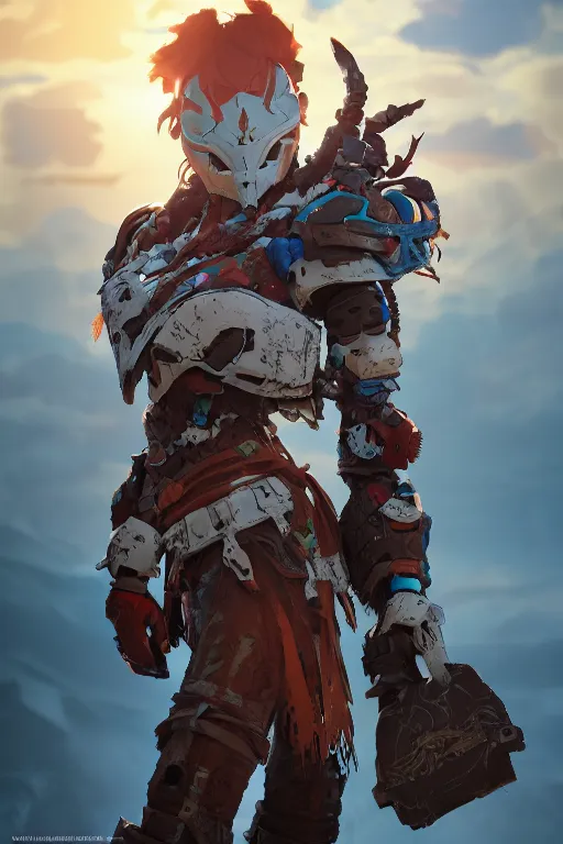 Image similar to combination suit armor aloy horizon forbidden west horizon zero dawn robot ninja mask helmet backpack tribal, aesthetic octane render, 8 k hd resolution, by ilya kuvshinov and cushart krentz and gilleard james radiating a glowing aura cgi rtx 2 0 2 2