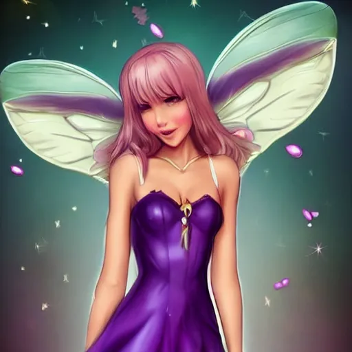 Image similar to very very very beautiful tiny princess in her 20s with fairy wings wearing skintight purple dress, making eye contact, smiling, flirty, perfect body, perfect face, drawn by artgerm