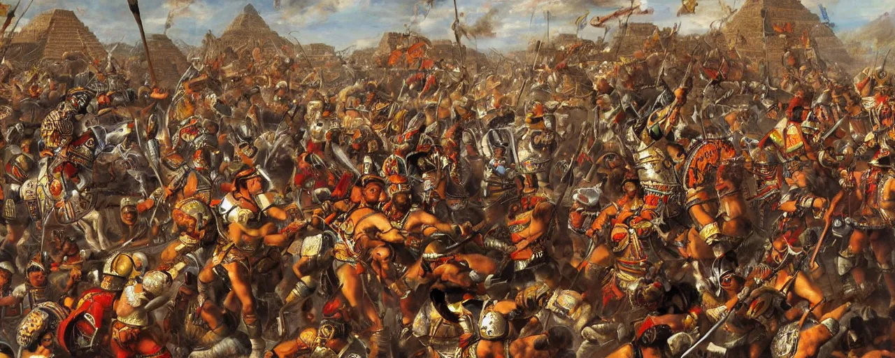 Image similar to spaniards conquerors fighting aztec jaguar warriors between the mexican pyramids, daniel lezama painting style, hyperrealistic, highly detailed