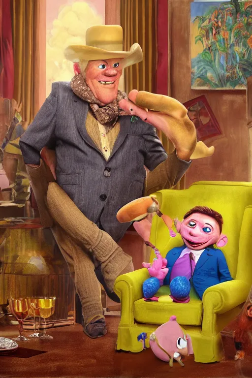 Prompt: still from kids tv show, retired barney, sitting in a lounge, sipping whiskey and smoking a cigar, oil on canvas, intricate, portrait, 8 k highly professionally detailed, hdr, cgsociety