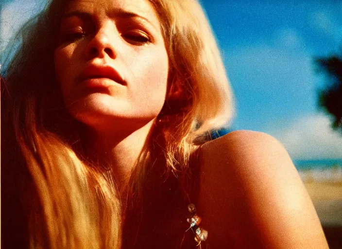 Image similar to close-up color film photography 1970s, long shot, bold woman, soft focus, golden hour, soft light, 35mm, film photo, Joel Meyerowitz