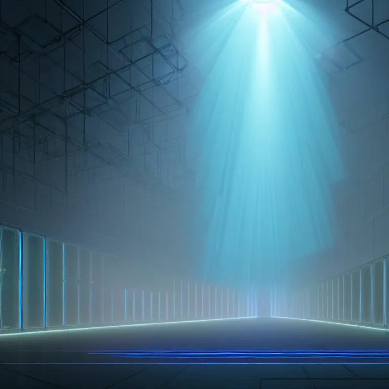 Image similar to an immaculate volumetric path tracing lighting render of a large rack of beautiful iridescent device at che center of a in a vast modern datacenter, fog, god rays, and nixie tubes by Zdzisław Beksiński and beeple, beautiful modern colors, ultradetailed, 4k ultra