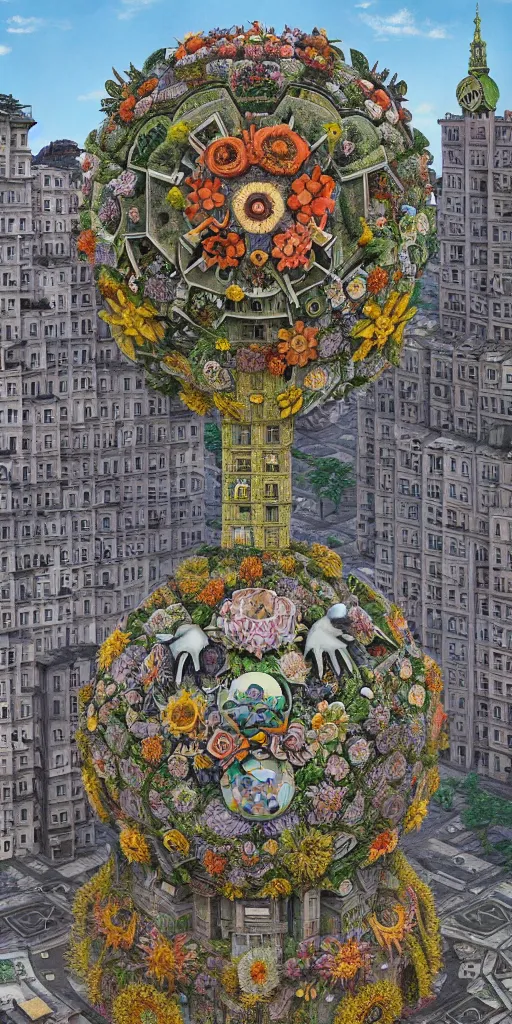 Image similar to colossal MC Escher flower in the middle of abandoned post soviet constructivist cityscape, Stalinist architecture, ultradetailed, Intricate by Hayao Miyazaki and Josan Gonzalez and Giuseppe Arcimboldo and Wes Anderson and H.R. Giger