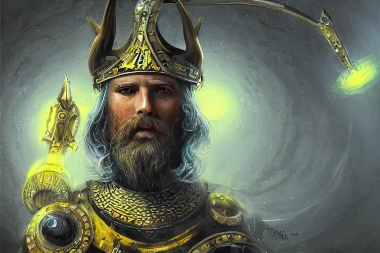 Image similar to mythological viking odin Shaman of artificial intelligence creating an artificial neural network, deep learning, with yellow synapses on an anvil, high resolution, award winning art, trending on art station, sharp image, incredibly detailed, detailed character realistic painting