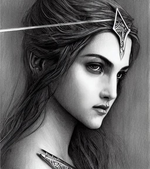 Image similar to beautiful aphrodite goddess wearing an arrow on her head, realistic face, beautiful eyes, black and white drawing, in the style of greg rutkowski, fantasy, amazing detail, epic, intricate, elegant, smooth, sharp focus