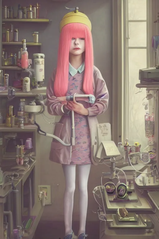 Image similar to highly detailed, profile portrait of a extremely beautiful, young adult, princess bubblegum from adventure time, experimenting in her science lab, wearing lab coat & saftey goggles, long bubblegum hair with long straight bangs, illustration concept art by nicoletta ceccoli, mark ryden, lostfish, detailed and intricate environment, 8 k resolution, hyperrealistic, 3 d octane render