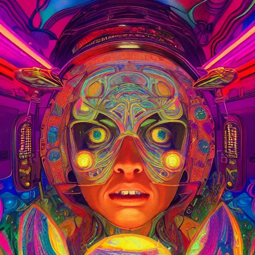 Image similar to An extremely psychedelic experience, colorful, surreal, dramatic lighting, cosmonaut, LSD, face, detailed, intricate, elegant, highly detailed, digital painting, artstation, concept art, smooth, sharp focus, illustration, art by Sam Spratt, Dan Mumford, Artem Demura and Alphonse Mucha