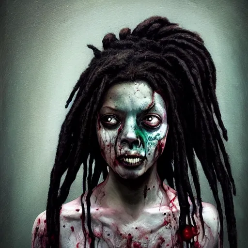 Image similar to color head portrait of young alison shaw from the cranes as a zombie with black dreadlocks, 7 days to die zombie, gritty background, fine art, award winning, intricate, elegant, sharp focus, cinematic lighting, digital painting, 8 k concept art, art by michael hussar, art by brom, art by guweiz and z. w. gu, 8 k