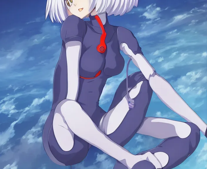 Image similar to anime art, fullbody shot of female rei ayanami, evangelion, long blue hair and large eyes, finely detailed perfect face, in a pale skintight plugsuit, sitting on rooftop, flooded city, trending on pixiv fanbox, by ilya kuvshinov, sola digital arts,, raytracing