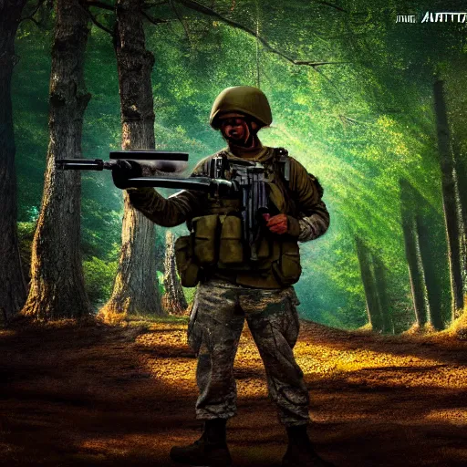 Image similar to A soldier in a forest shooting at an enemy drone with his machine gun, HDR, 8k, trending on artstation