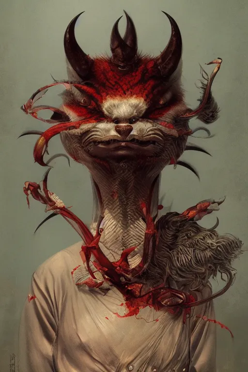 Image similar to a portrait of a japanese devil animal illustrated by miyazaki by karol bak, james jean, tom bagshaw, rococo, sharp focus, trending on artstation, cinematic lighting, hyper realism, octane render, 8 k, hyper detailed, vivid, ultra detailed, highly detailed