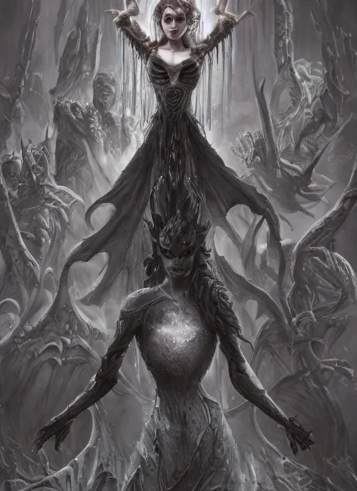 Image similar to a detailed full body portrait of frozen in stone black haired demon girl knelling in a highly detailed architecture, the queen of blades, diablo 4 queen, a beautiful face, by dorian cleavenger, greg rutkowski, wlop, astri lohne, zdzisław beksinski, bastien lecouffe - deharme trending on artstation